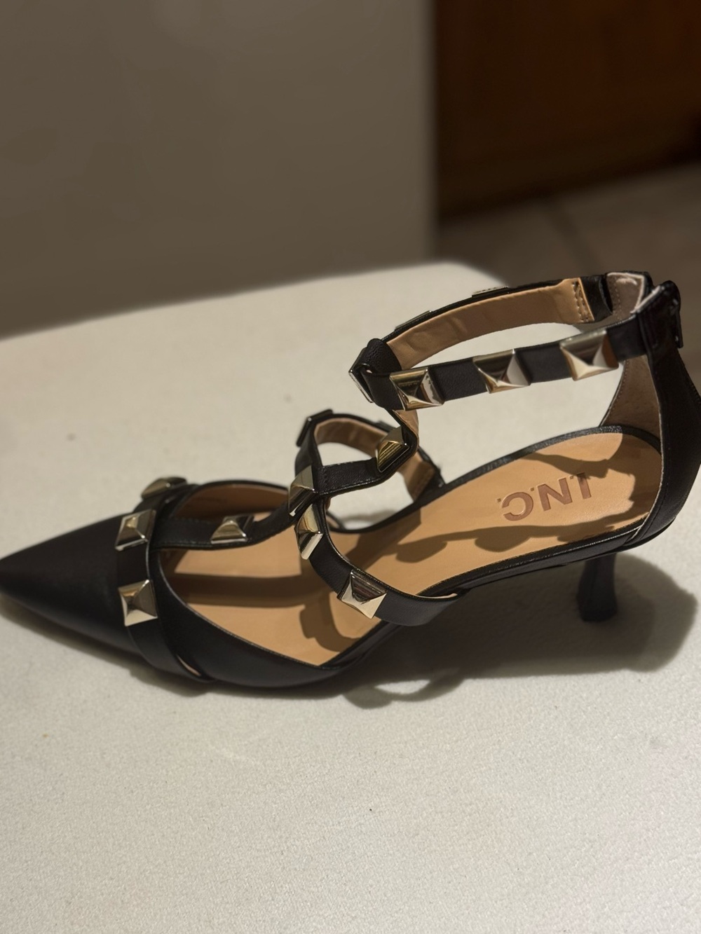 INC International Concepts Black Pointed-Toe Strappy Heels with Gold Studs - Picture 8 of 8